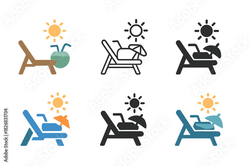 Beach Vacation Icons. Family vacation at the beach. Icon set. Set Logo of family vacation at the beach: beach chair and coconut drink. harmonious