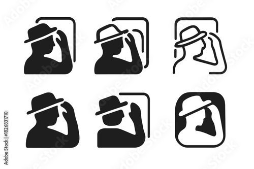 Hat Logo Icons. Trying on a hat in a mirror. Icon set. Set Logo of trying on a hat: side view of person adjusting hat. harmonious logo variations of the same