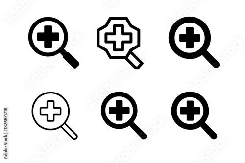 Health Audit Icons. Health Audits. Icon set. Set Logo of Health Audits: magnifying glass over medical cross. harmonious logo variations of the same emblematic
