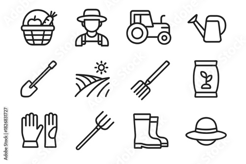 Harvest Icon Set. Harvest Workers. Line icon set of Harvest Workers: basket of produce, farmer with hat, tractor, plow, crop field, watering can,