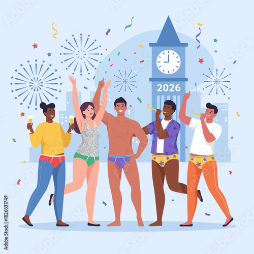Group of diverse friends in festive mood celebrating New Year 2026 wearing colorful underwear against city fireworks background