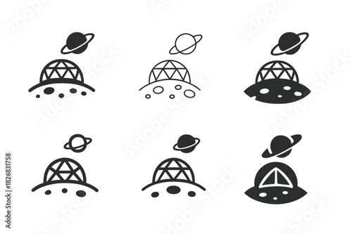 Planetary Colonization Logos. Space exploration and planetary colonization. Icon set. Set Logo of space exploration and planetary colonization: dome colony on