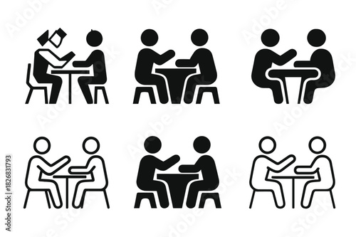 Mentorship Logos Grid. Mentor offering advice. Icon set. Set Logo of mentorship: discussion over table. harmonious logo variations of the same emblematic