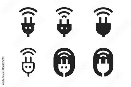 Smart Plug Icons. Smart plugs. Icon set. Set Logo of smart plugs: plug with Wi-Fi signal. harmonious logo variations of the same emblematic concept, each with