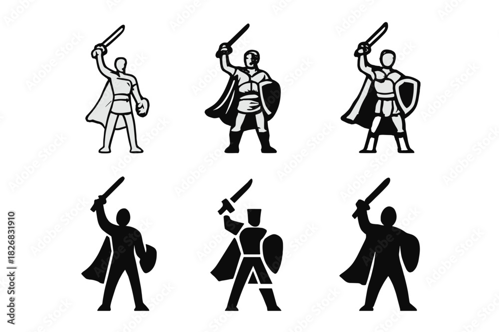 Obraz premium Heroic Logos Collection. Hero Facing Danger Bravely. Icon set. Set Logo of Hero Facing Danger Bravely: person raising sword toward sky. harmonious logo