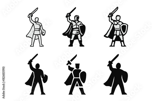 Heroic Logos Collection. Hero Facing Danger Bravely. Icon set. Set Logo of Hero Facing Danger Bravely: person raising sword toward sky. harmonious logo