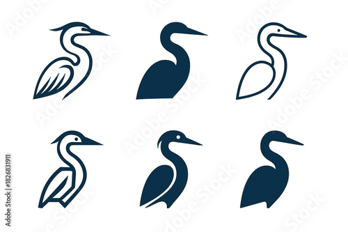Heron Logo Variations. Herons. Icon set. Set Logo of Herons: heron with long neck curve. harmonious logo variations of the same emblematic concept, each with