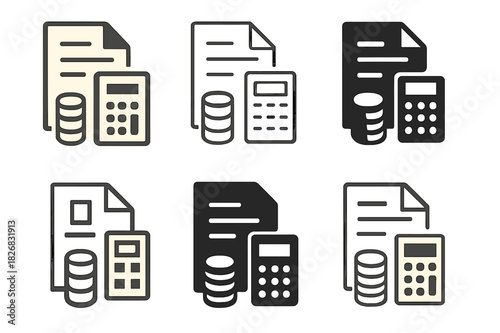 Corporate Tax Icons. Corporate tax policies. Icon set. Set Logo of corporate tax policies: document with calculator and coin stack. harmonious logo variations