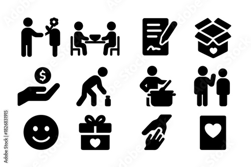 Kindness Icon Set. Acts of kindness. Solid icon set of Acts of kindness: giving flower, sharing meal, handwritten note, care package, donation, picking up,