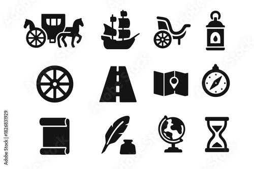Historic Transportation Icons. Historic transportation. Solid icon set of Historic transportation: horse carriage, sailing ship, chariot, wheel, road, map,