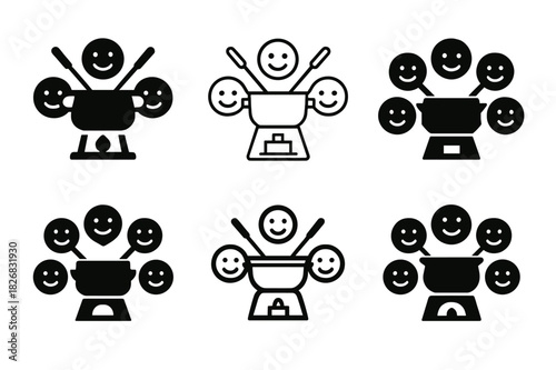 Hot Pot Harmony. Preparing a hot pot or fondue for a social meal with friends. Icon set. Set Logo of Preparing a hot pot or fondue for a social meal with