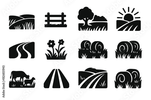 Pastoral Icon Grid. Field scenery. Solid icon set of Field scenery: pasture, split rail fence, tree line, open sky, sun rays, birds in flight, tractor path,