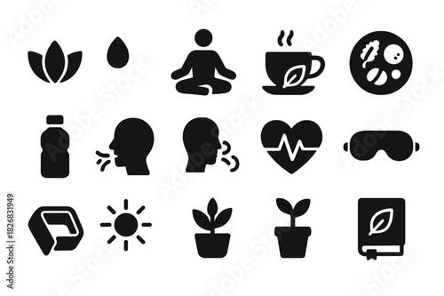 Holistic Wellness Icons. Holistic Approaches to Health and Wellness. Solid icon set of Holistic Approaches to Health and Wellness: lotus, meditation pose,