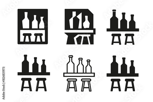 Home Bar Logos. Home bar and entertainment area design. Icon set. Set Logo of home bar and entertainment area design: Bar shelf with bottles. harmonious logo