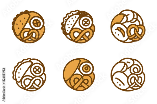 International Street Food Icons. International street food and snacks. Icon set. Set Logo of International street food and snacks: taco, sushi, and pretzel