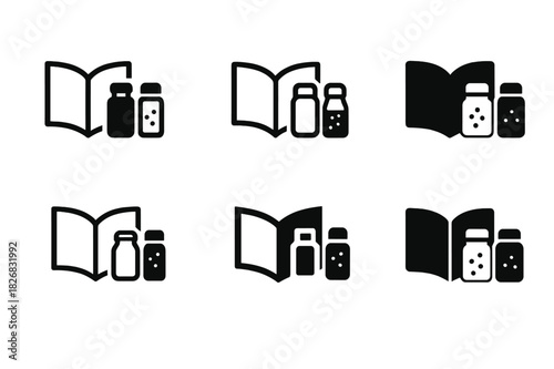 Home Cooking Icons. Home cooking. Icon set. Set Logo of home cooking: open recipe book beside spice jars. harmonious logo variations of the same emblematic