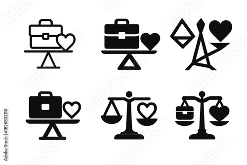 Work-Life Balance Icons. Work-life balance and managing burnout. Icon set. Set Logo of work-life balance: Scale balancing briefcase and heart. harmonious logo