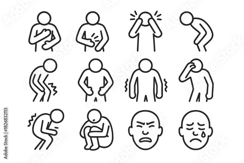 Pain Gesture Icons. Pain gestures. Line icon set of Pain gestures: clutching chest, grabbing stomach, holding head, bent-over posture, bent knees, clenched
