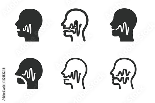 Vocal Modulation Logos. Singing and voice modulation techniques. Icon set. Set Logo of Singing and voice modulation techniques: vocal cords stylized as sound