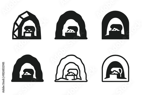 Hidden Travel Gems. Hidden travel gems. Icon set. Set Logo of hidden travel gems: cave entrance with hidden treasure. harmonious logo variations of the same