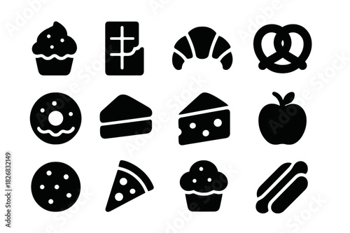 Sweet and Savory Icons. Sweet and savory. Solid icon set of Sweet and savory: cupcake, chocolate bar, croissant, pretzel, donut, sandwich, cheese, apple,