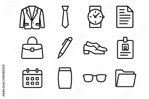 Professional Meeting Icons. Professional meeting look. Line icon set of professional meeting look: blazer, tie, watch, document, pen, shoes, handbag, skirt,