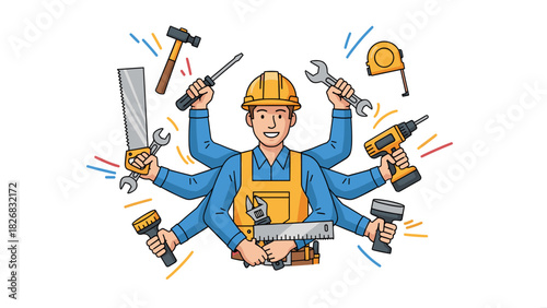 Cartoon illustration of a multi-armed handyman wearing a hard hat and overalls, holding various tools, symbolizing versatility and efficiency in work.
