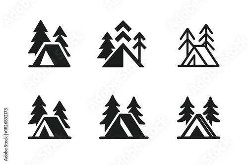 National Park Logos. visiting national parks and protected areas. Icon set. Set Logo of visiting national parks and protected areas: campsite with tent and