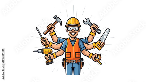 Cartoon illustration of a construction worker with multiple arms holding various tools, smiling.