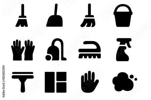 Housekeeping Tools Icons. Housekeeping tools. Solid icon set of Housekeeping tools: broom, dustpan, mop, bucket, gloves, vacuum, scrub brush, spray bottle,