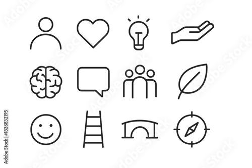 Human-Centered Icon Set. Human-centered leadership. Line icon set of human-centered leadership: person, heart, lightbulb, hand, brain, speech bubble, group,
