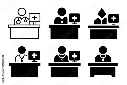 Doctor Emblem Variations. Doctor working at a hospital desk. Icon set. Set Logo of doctor working at a hospital desk: medical desk setup. harmonious logo