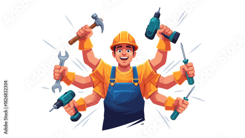 Cartoon illustration of a construction worker with multiple arms holding various tools.