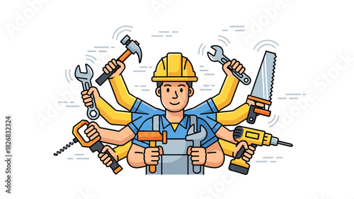 Cartoon handyman with multiple arms holding tools, wearing a hard hat and overalls.