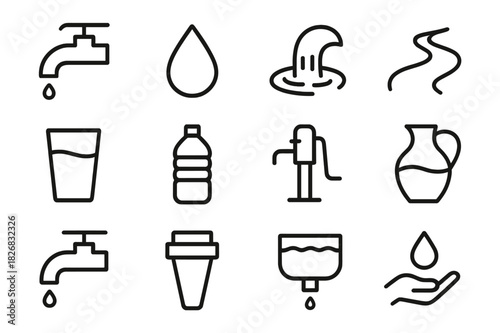 Water Source Icons. Water sources. Line icon set of water sources: faucet, droplet, spring, stream, glass, water bottle, pump, jug, tap, filter, reservoir,