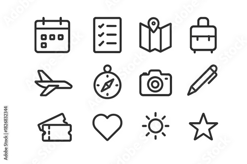 Vacation Icon Set. Vacation planning. Line icon set of vacation planning: calendar, checklist, map, suitcase, airplane, compass, camera, pen, tickets, heart,