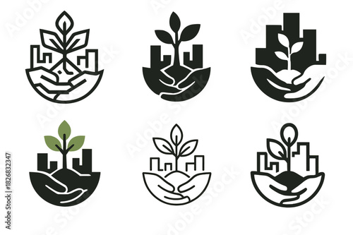 Urban Reforestation Logos. Urban reforestation. Icon set. Set Logo of urban reforestation: hands planting trees in city soil. harmonious logo variations of the