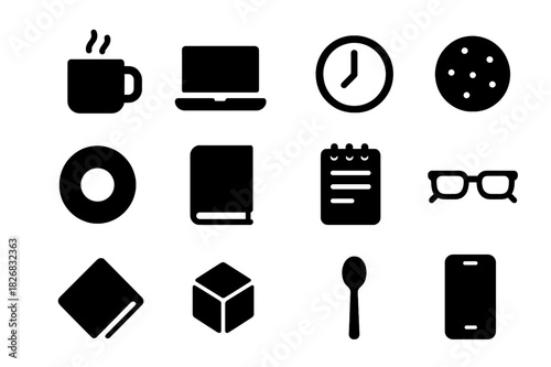 Coffee Break Essentials. Coffee break. Solid icon set of Coffee break: coffee mug, laptop, clock, cookie, donut, book, notepad, glasses, napkin, sugar cube,