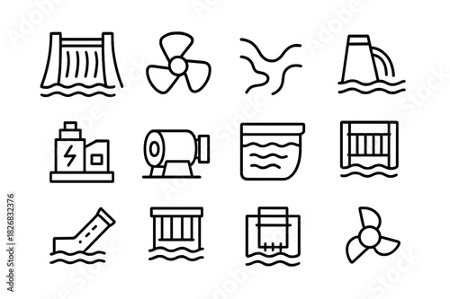 Hydropower Icon Set. Hydropower. Line icon set of hydropower: dam, water turbine, river, spillway, hydroelectric plant, generator, reservoir, water flow,