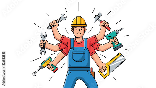 A skilled handyman with multiple arms holding various tools, ready for any repair job.