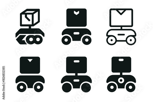 Autonomous Robots Icons. Autonomous robots in daily life. Icon set. Set Logo of autonomous robots in daily life: warehouse logistics robot. harmonious logo