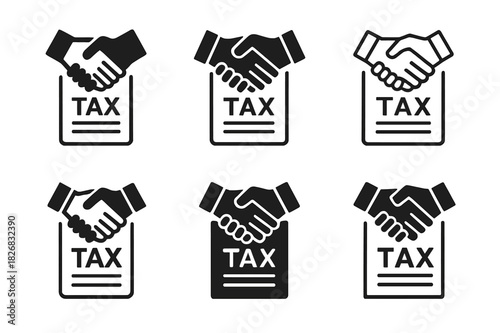 Corporate Tax Logos. Corporate tax policies. Icon set. Set Logo of corporate tax policies: handshake over tax form. harmonious logo variations of the same