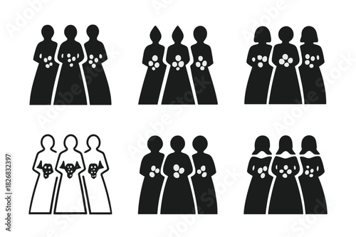 Bridesmaids Icon Set. Bridesmaids in matching dresses. Icon set. Set Logo of bridesmaids in matching dresses: Silhouette of women holding bouquets. harmonious