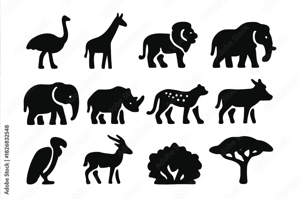 Obraz premium African Wildlife Icons. African wildlife. Solid icon set of African wildlife: ostrich, giraffe, zebra, lion, elephant, rhinoceros, cheetah, warthog, vulture,