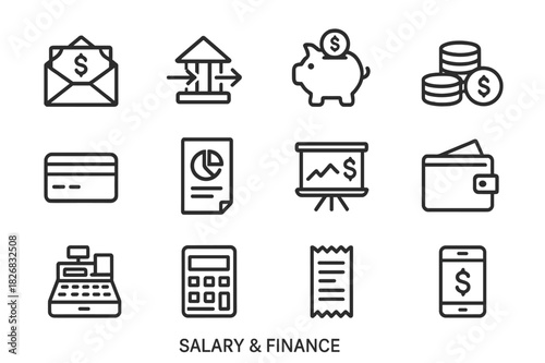 Finance Icon Set. Salary & Finance. Line icon set of Salary & Finance: paycheck envelope, bank transfer, savings account, coins, credit card, financial report,