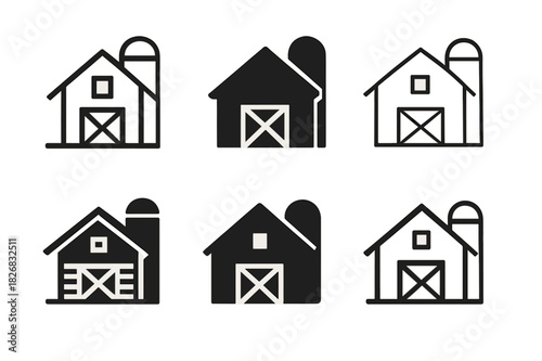 Barn Silo Logos. barn and silo. Icon set. Set Logo of barn and silo: barn roof and silo top detail. harmonious logo variations of the same emblematic concept,