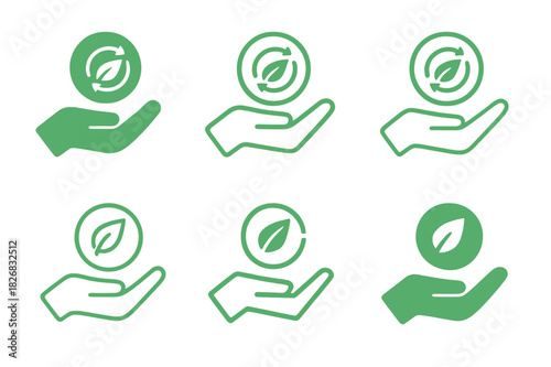 Renewable Energy Icon Set. renewable energy credits. Icon set. Set Logo of renewable energy credits: hand holding green token. harmonious logo variations of