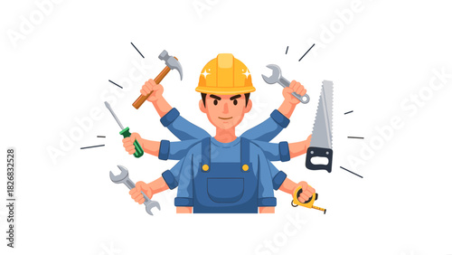Cartoon handyman with multiple arms holding various tools, representing versatility and skill.