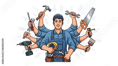 A smiling handyman with multiple arms holding various tools, representing versatility and skill.