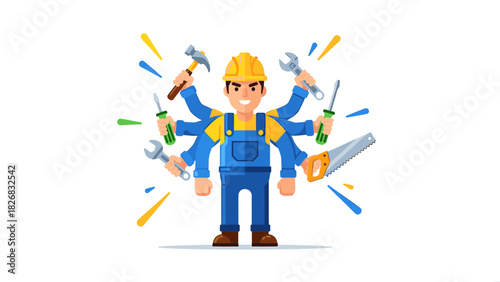 Cartoon handyman with tools and multiple arms.